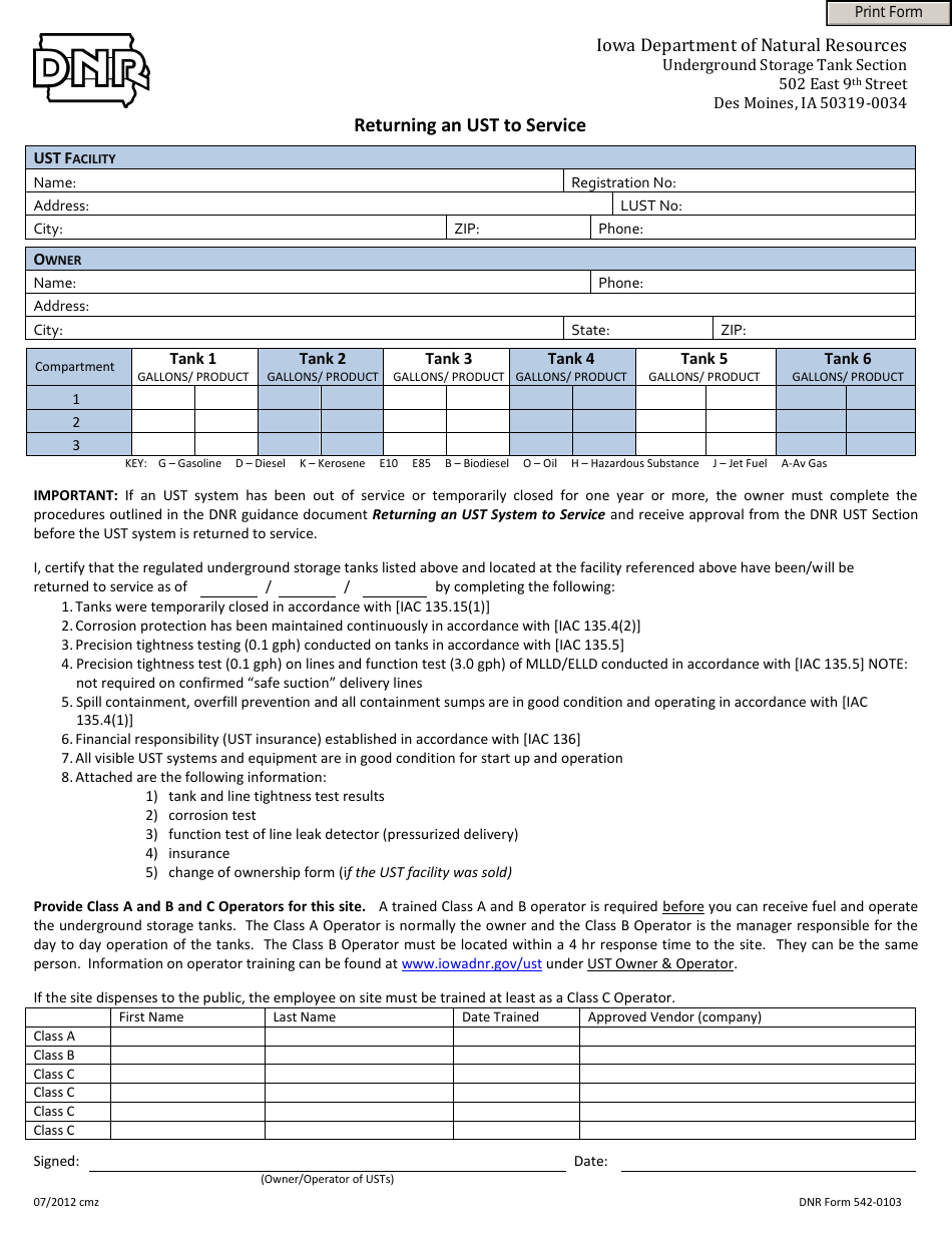 DNR Form 542-0103 Returning an Ust to Service - Iowa, Page 1