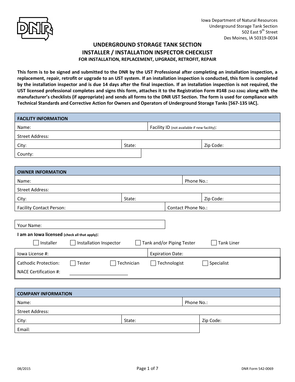 DNR Form 542-0069 Underground Storage Tank Section Installer / Installation Inspector Checklist for Installation, Replacement, Upgrade, Retrofit, Repair - Iowa, Page 1