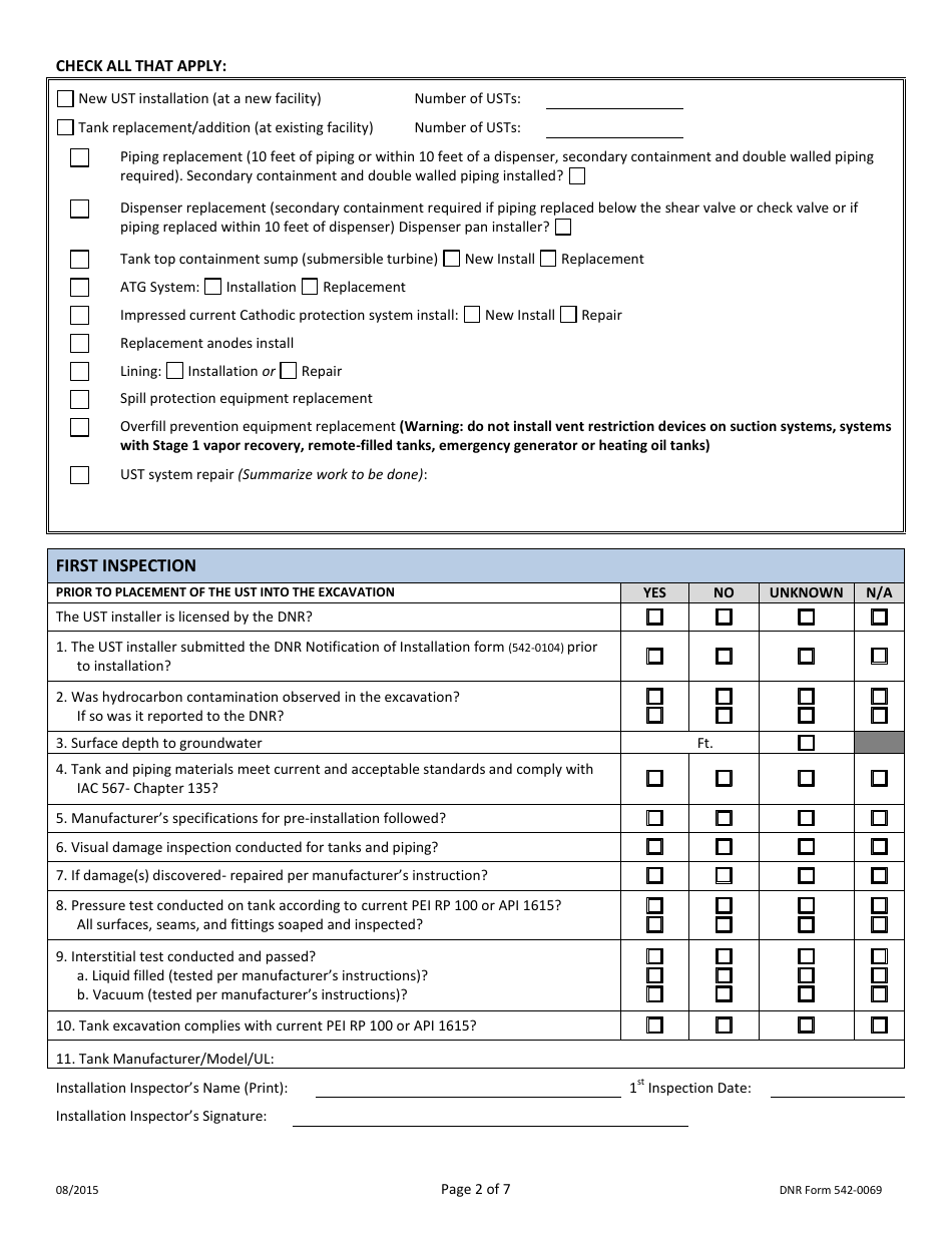 DNR Form 542-0069 Underground Storage Tank Section Installer / Installation Inspector Checklist for Installation, Replacement, Upgrade, Retrofit, Repair - Iowa, Page 2
