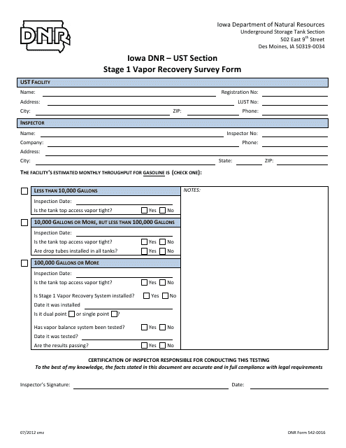 DNR Form 542-0016 Stage 1 Vapor Recovery Survey Form - Iowa