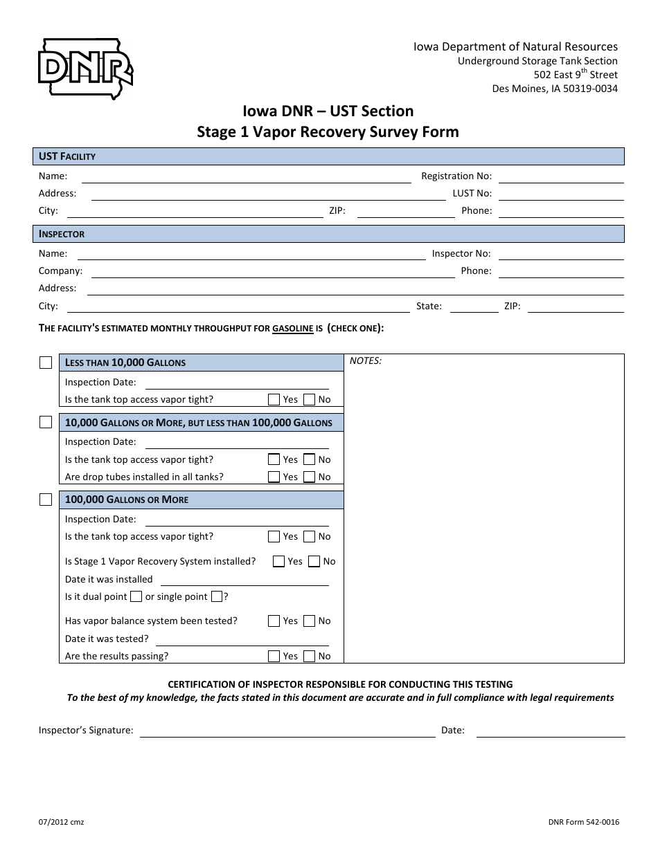 DNR Form 542-0016 Stage 1 Vapor Recovery Survey Form - Iowa, Page 1