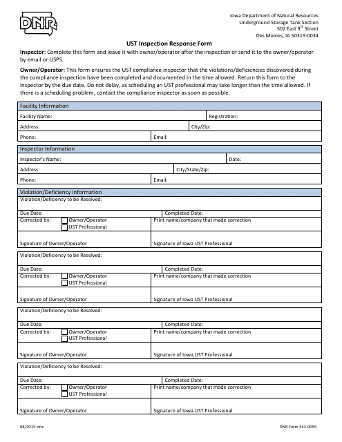 DNR Form 542-0095 Ust Inspection Response Form - Iowa