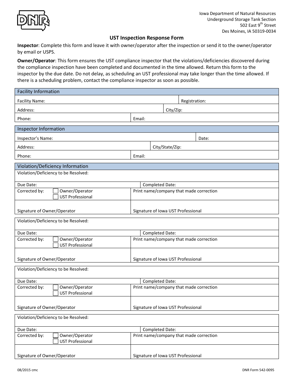 DNR Form 542-0095 Ust Inspection Response Form - Iowa, Page 1