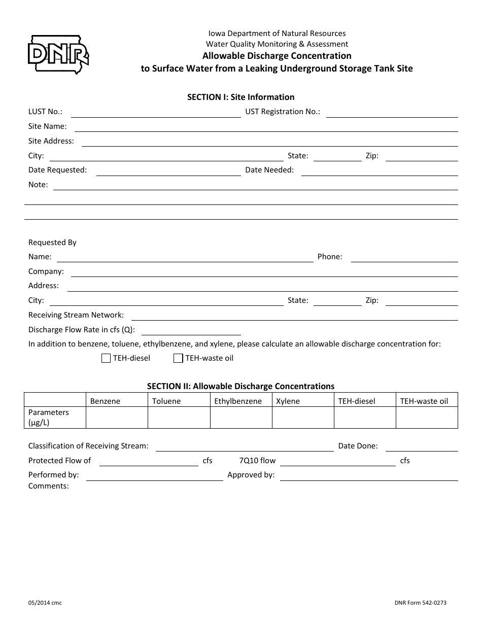 DNR Form 542-0273 Allowable Discharge Concentration to Surface Water From a Leaking Underground Storage Tank Site - Iowa, Page 1