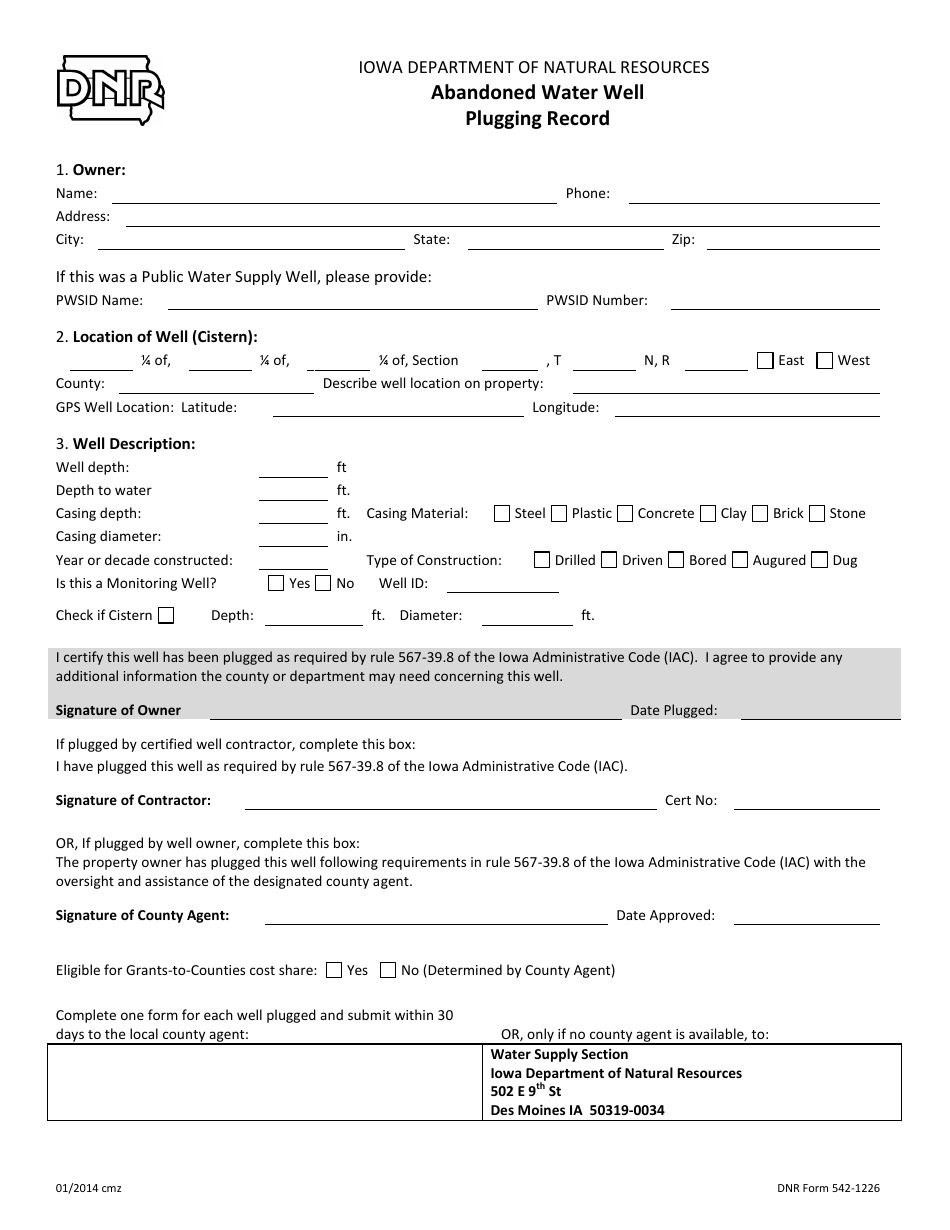 DNR Form 542-1226 Abandoned Water Well Plugging Record - Iowa, Page 1