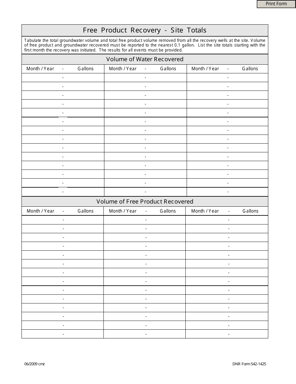 DNR Form 542-1425 Free Product Recovery - Site Totals - Iowa, Page 1