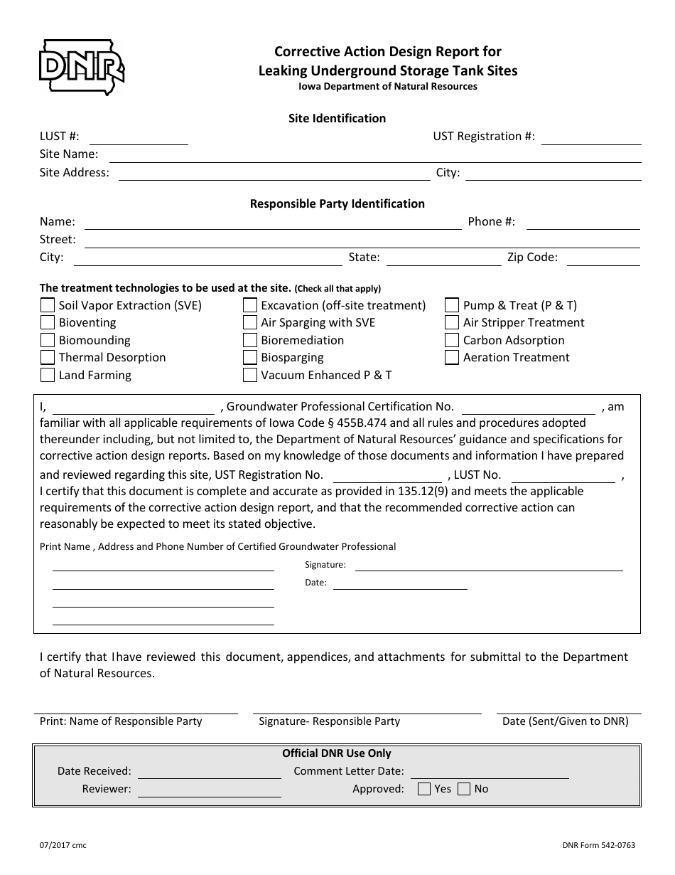 DNR Form 542-0763 Corrective Action Design Report for Leaking Underground Storage Tank Sites - Iowa, Page 1