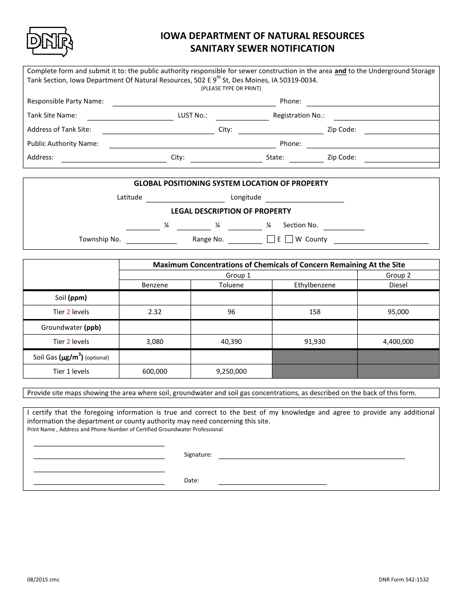 DNR Form 542-1532 Sanitary Sewer Notification - Iowa, Page 1