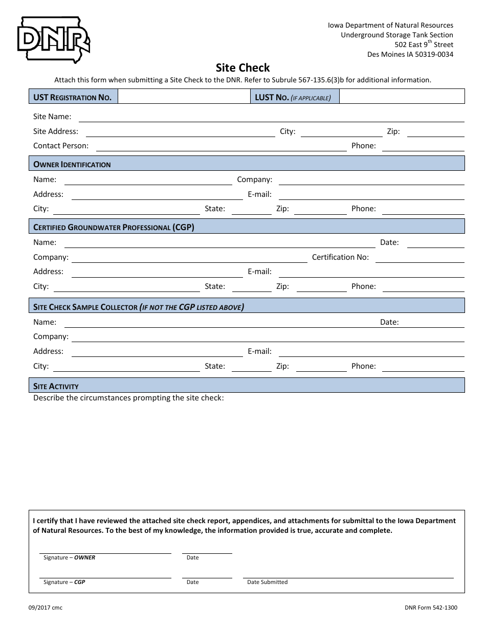 DNR Form 542-1300 Site Check - Iowa, Page 1