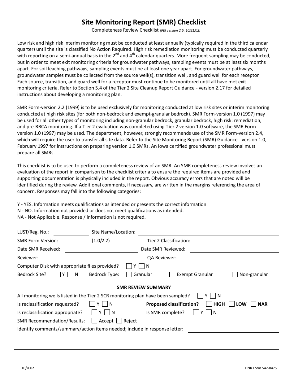 DNR Form 542-0475 Site Monitoring Report (Smr) Checklist - Iowa, Page 1