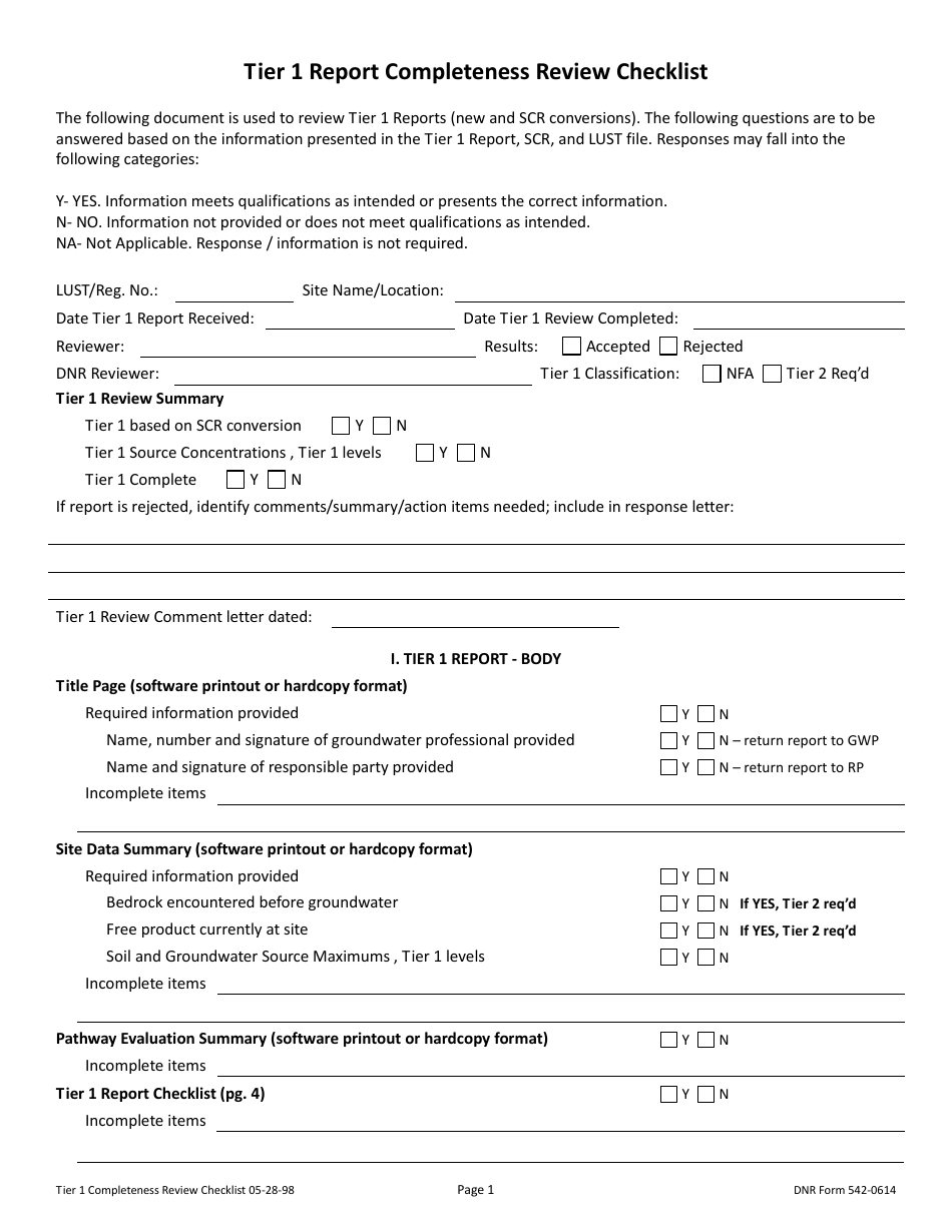 DNR Form 542-0614 Tier 1 Report Completeness Review Checklist - Iowa, Page 1