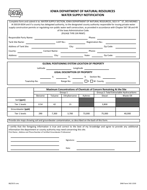 DNR Form 542-1530 Water Supply Notification - Iowa