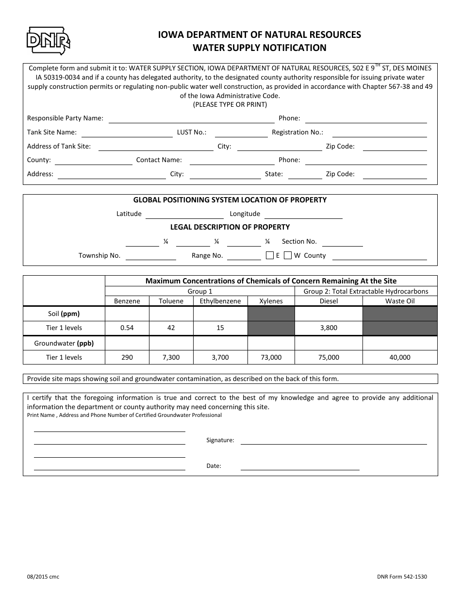 DNR Form 542-1530 Water Supply Notification - Iowa, Page 1