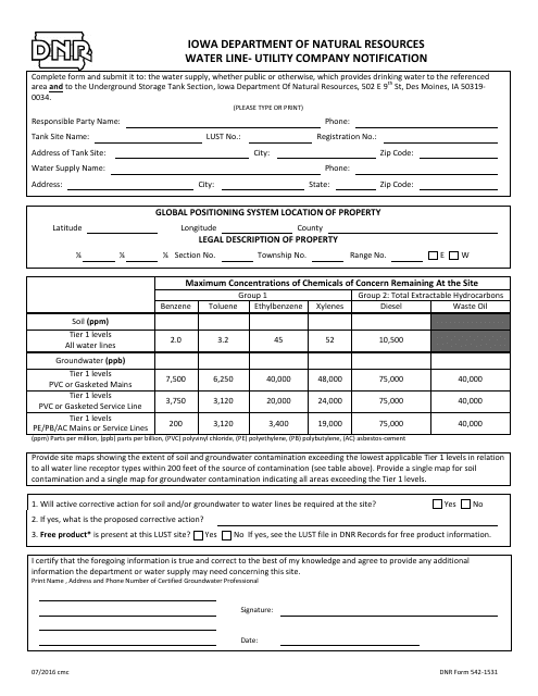 DNR Form 542-1531 Water Line/Utility Company Notification - Iowa