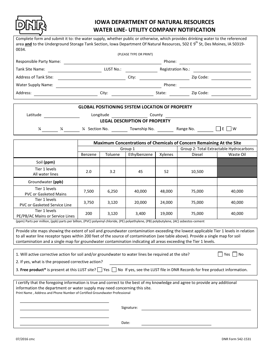 DNR Form 542-1531 Water Line / Utility Company Notification - Iowa, Page 1