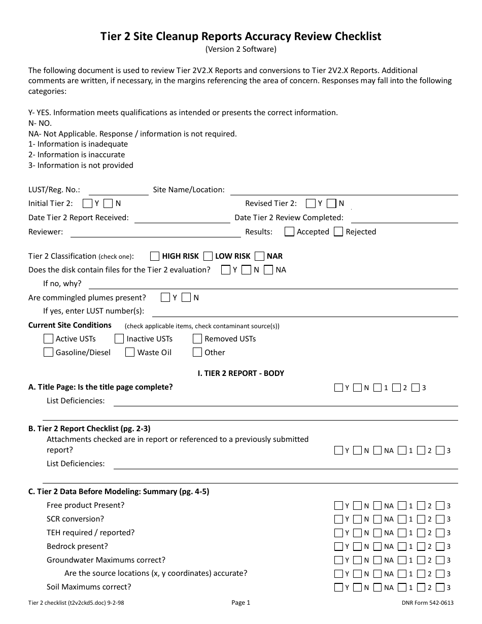 DNR Form 542-0613 Tier 2 Site Cleanup Reports Accuracy Review Checklist - Iowa, Page 1