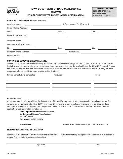 DNR Form 542-0091  Printable Pdf