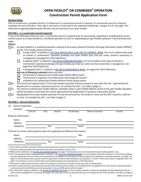 DNR Form 542-1427 Construction Permit Application Form - Open Feedlot or Combined Operation - Iowa