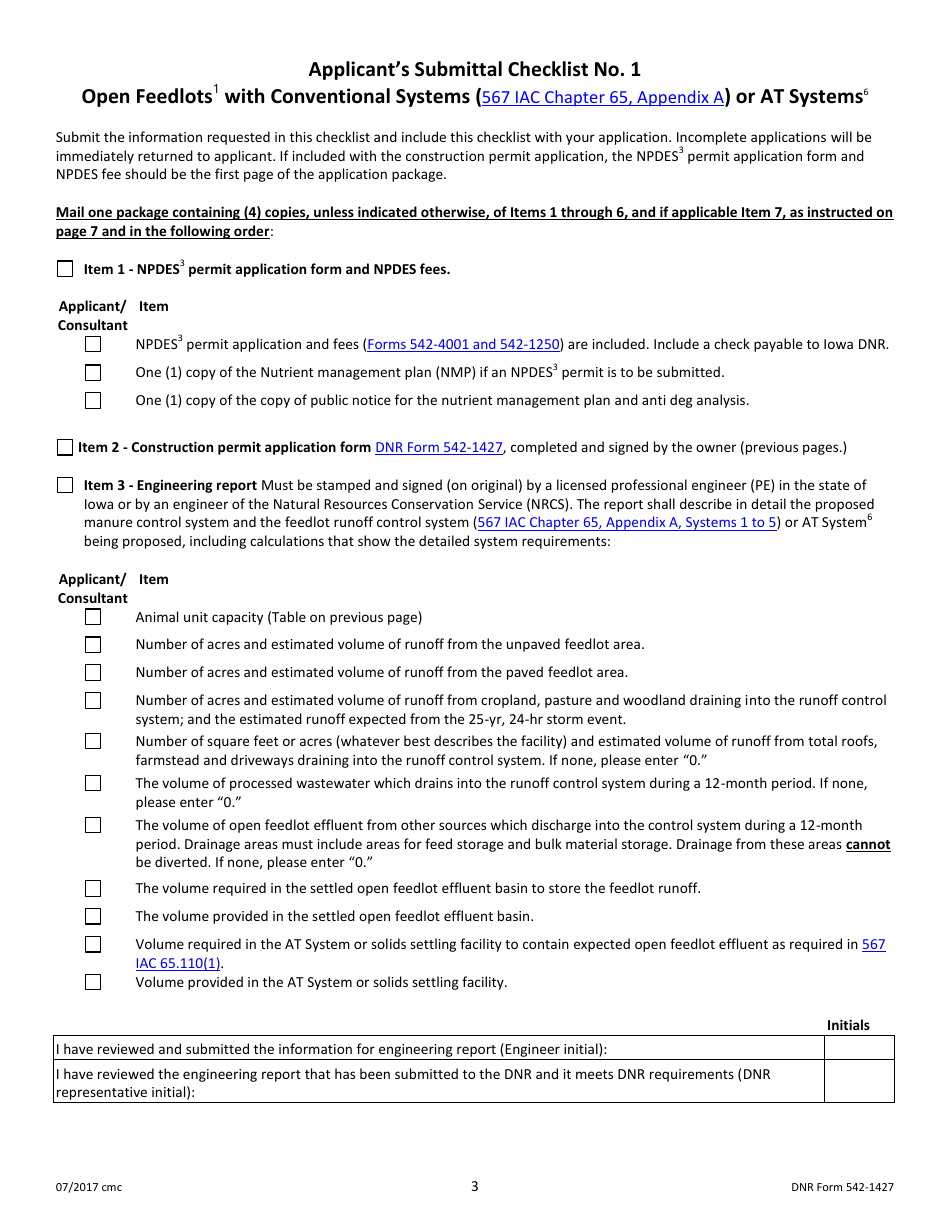 DNR Form 542-1427 Construction Permit Application Form - Open Feedlot or Combined Operation - Iowa, Page 3
