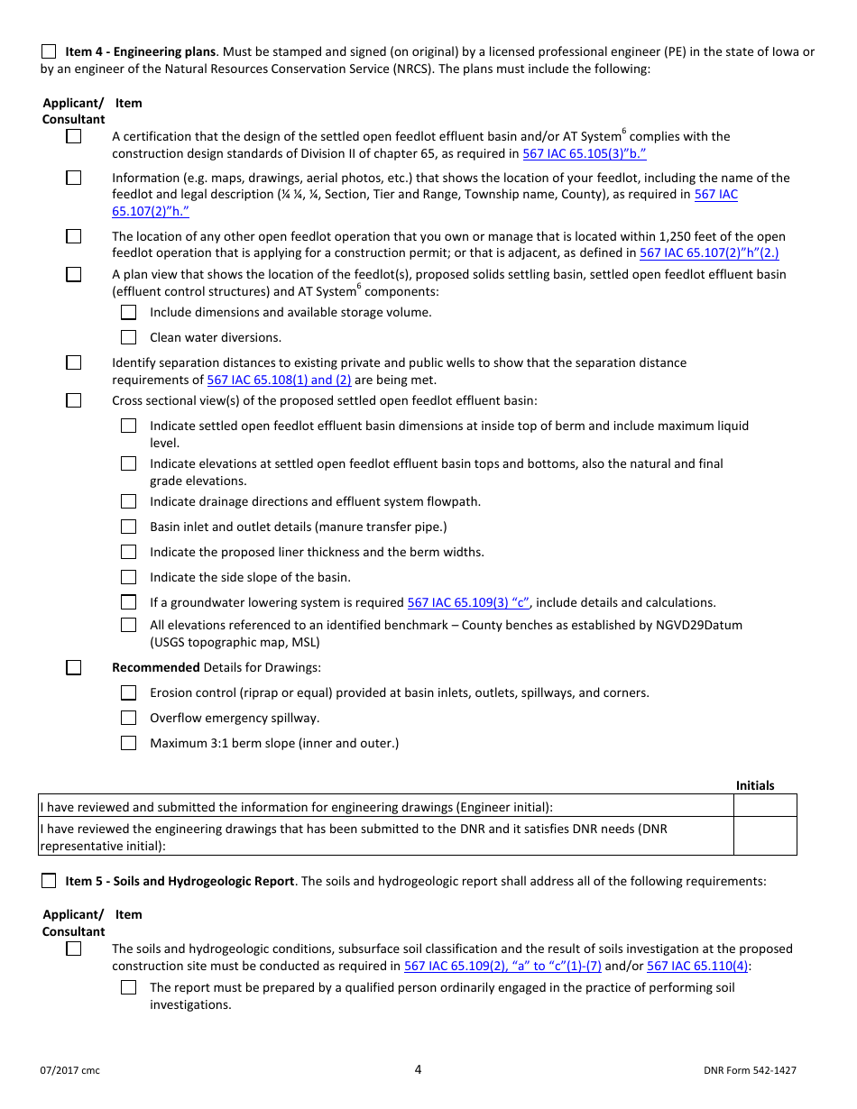 DNR Form 542-1427 Construction Permit Application Form - Open Feedlot or Combined Operation - Iowa, Page 4