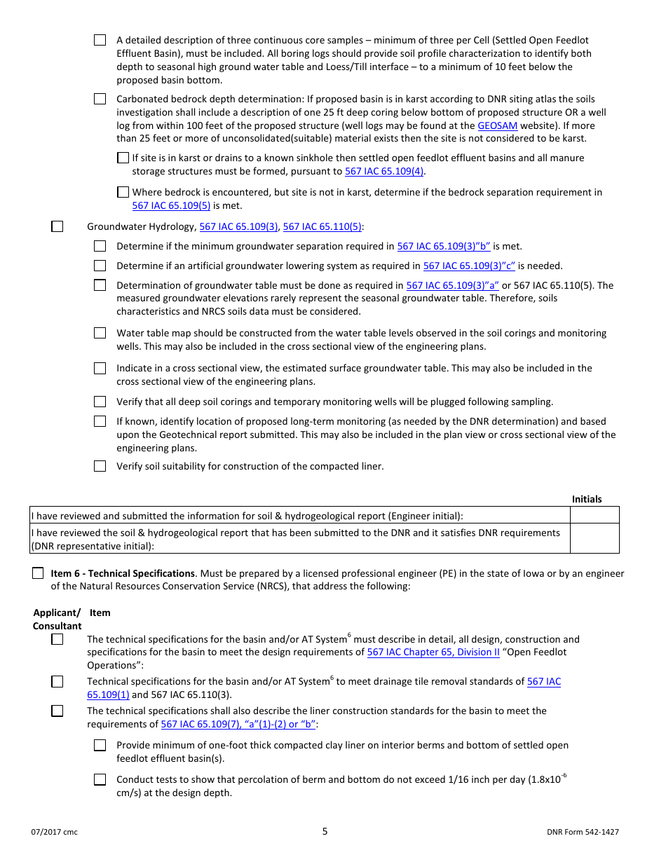 DNR Form 542-1427 Construction Permit Application Form - Open Feedlot or Combined Operation - Iowa, Page 5