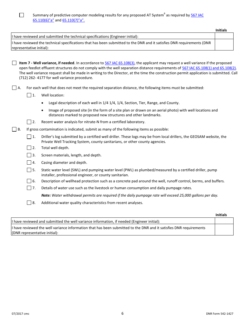 DNR Form 542-1427 Construction Permit Application Form - Open Feedlot or Combined Operation - Iowa, Page 6