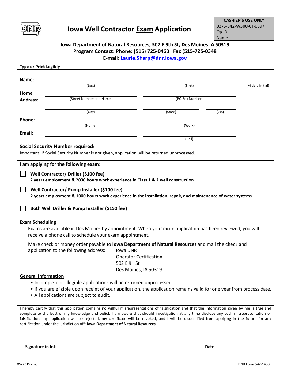 DNR Form 542-1433 Iowa Well Contractor Exam Application - Iowa, Page 1