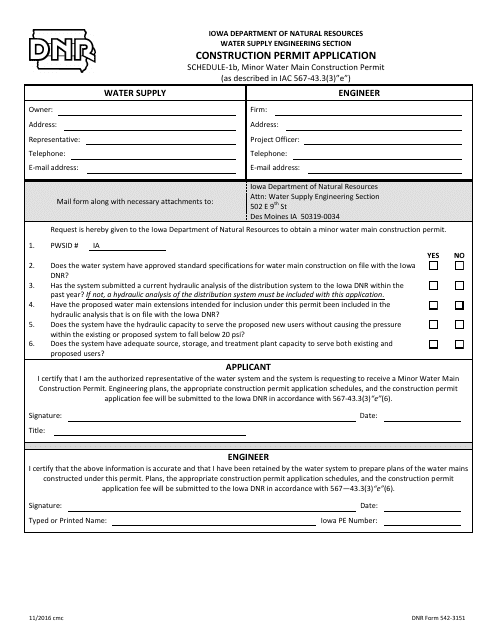 DNR Form 542-3151 Schedule 1B Construction Permit Application - Minor Water Main Construction Permit - Iowa