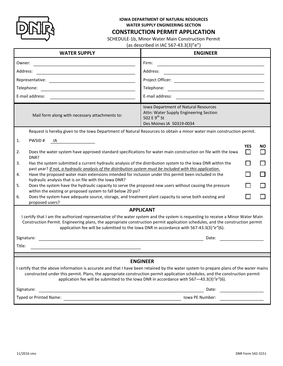 DNR Form 542-3151 Schedule 1B Construction Permit Application - Minor Water Main Construction Permit - Iowa, Page 1