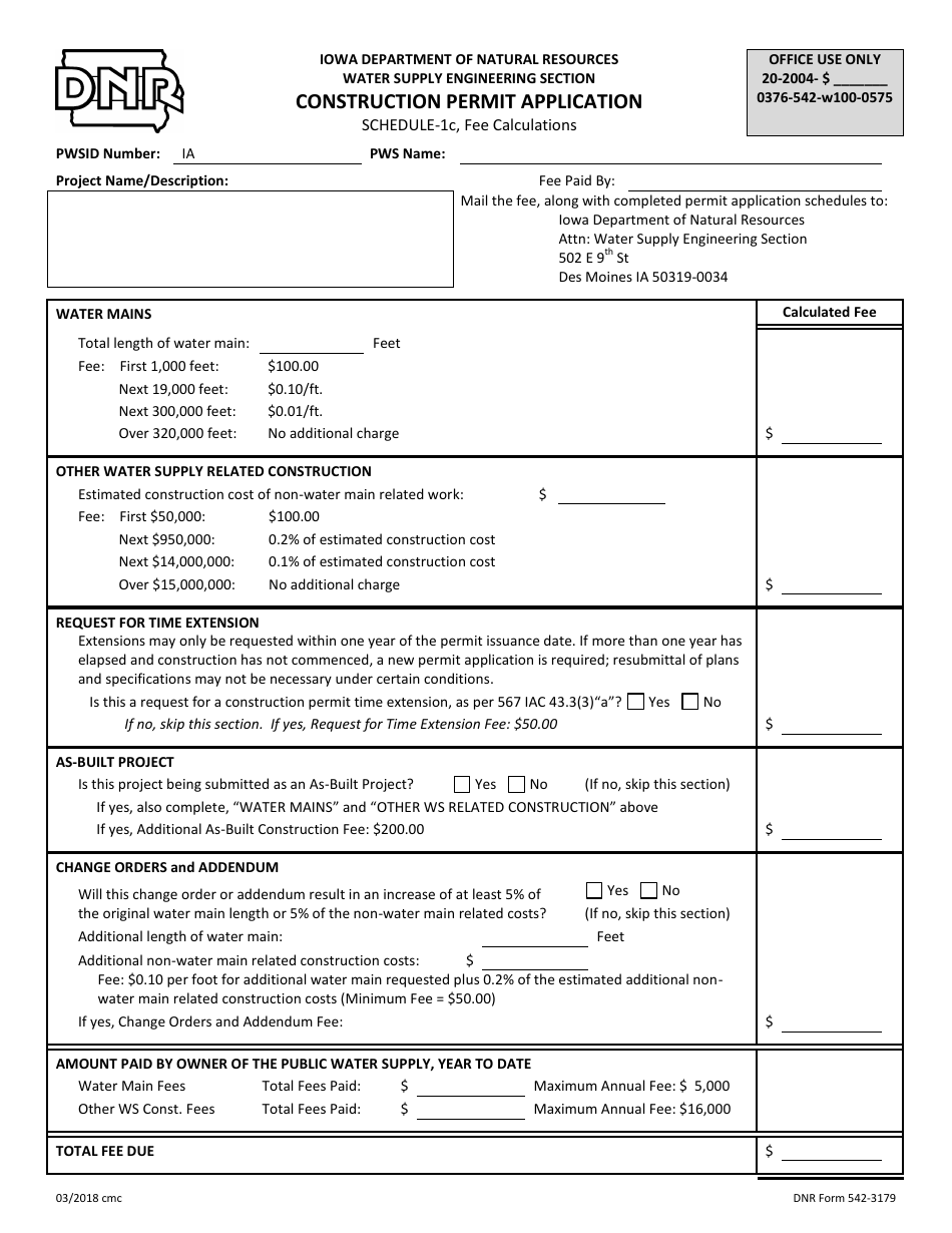 DNR Form 542-3179 Schedule 1C Construction Permit Application - Fee Calculations - Iowa, Page 1