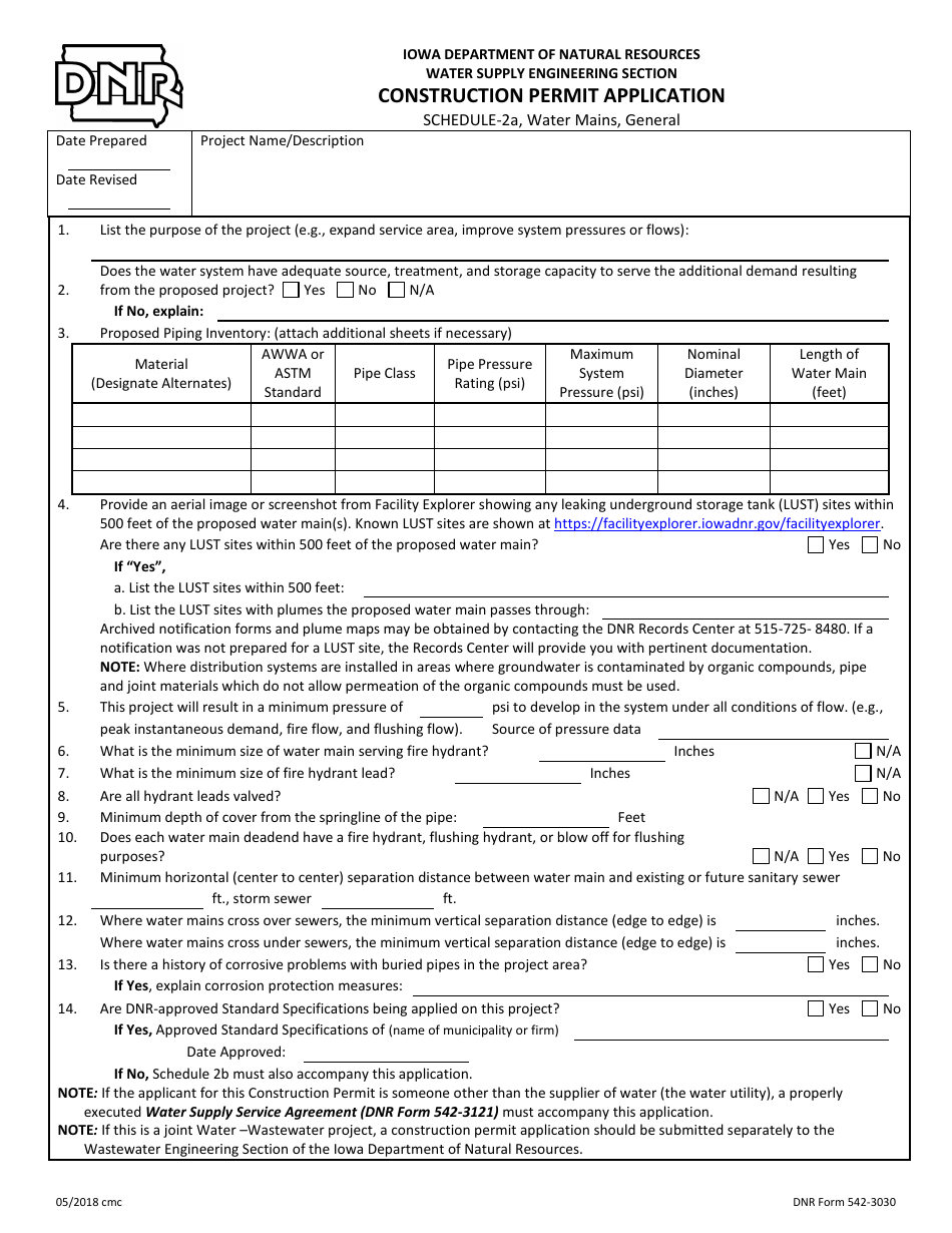 DNR Form 542-3030 Schedule 2A Construction Permit Application - Water Mains, General - Iowa, Page 1