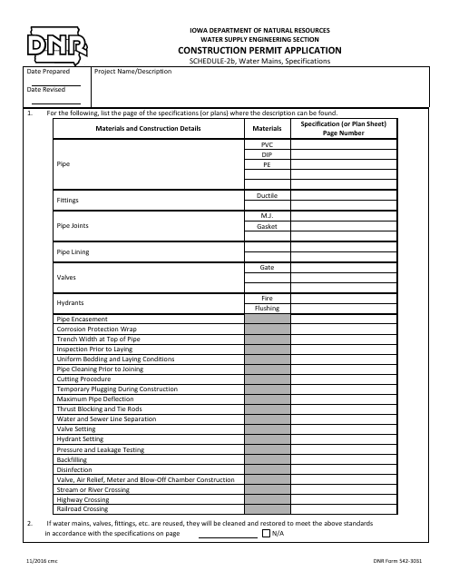 DNR Form 542-3031 Schedule 2B Construction Permit Application - Water Mains, Specifications - Iowa