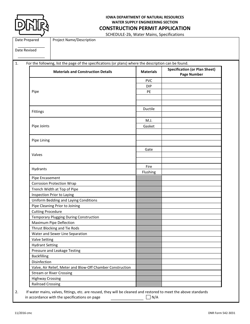 DNR Form 542-3031 Schedule 2B Construction Permit Application - Water Mains, Specifications - Iowa, Page 1