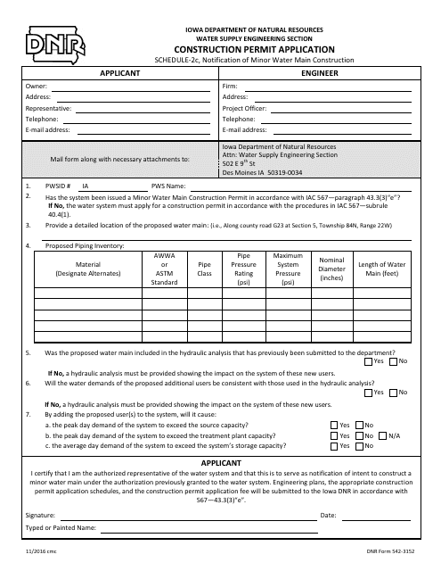 DNR Form 542-3152 Schedule 2C Construction Permit Application - Notification of Minor Water Main Construction - Iowa