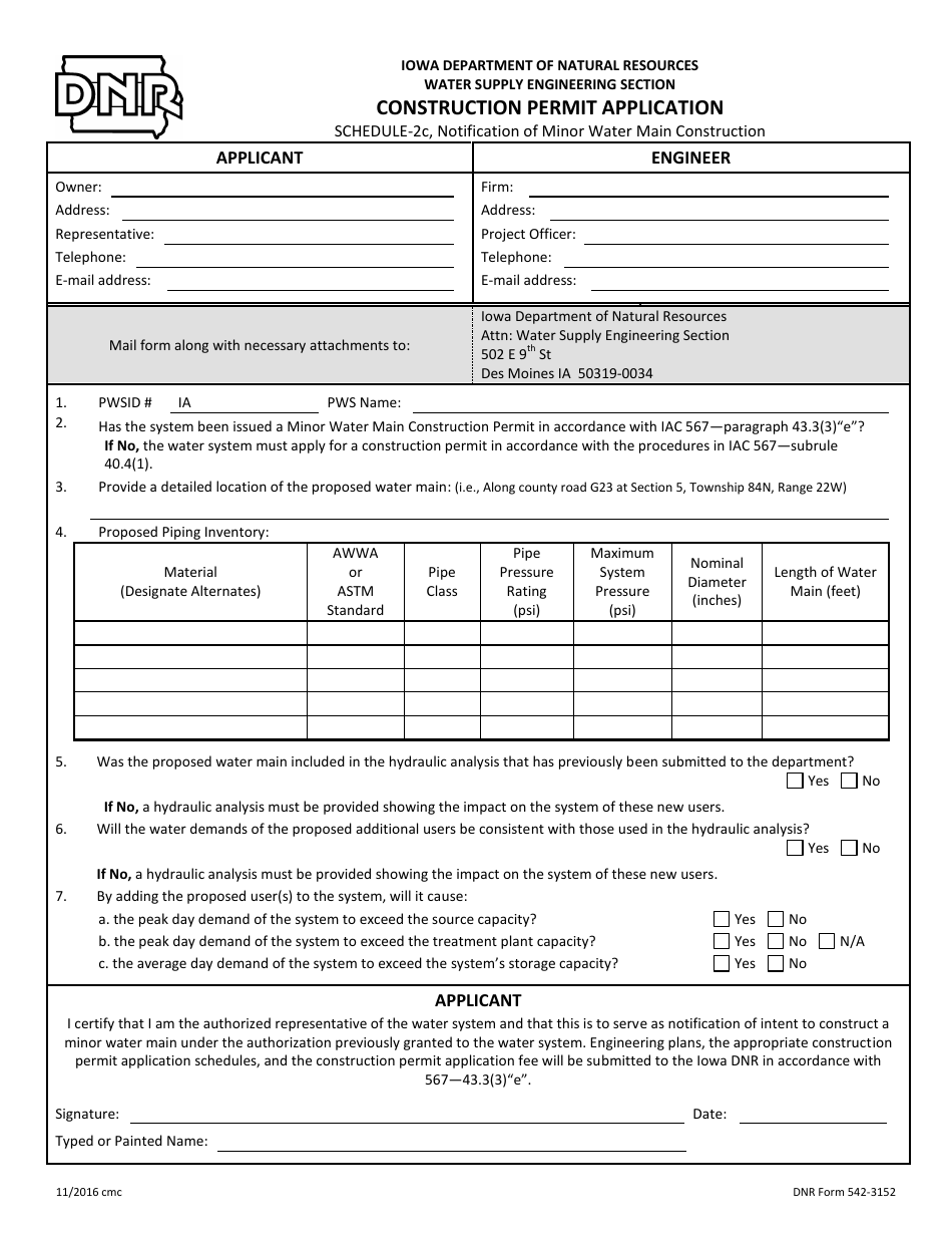 DNR Form 542-3152 Schedule 2C Construction Permit Application - Notification of Minor Water Main Construction - Iowa, Page 1
