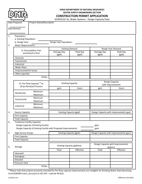 DNR Form 542-3032 Schedule 3A Construction Permit Application - Water Systems - Design Capacity Data - Iowa