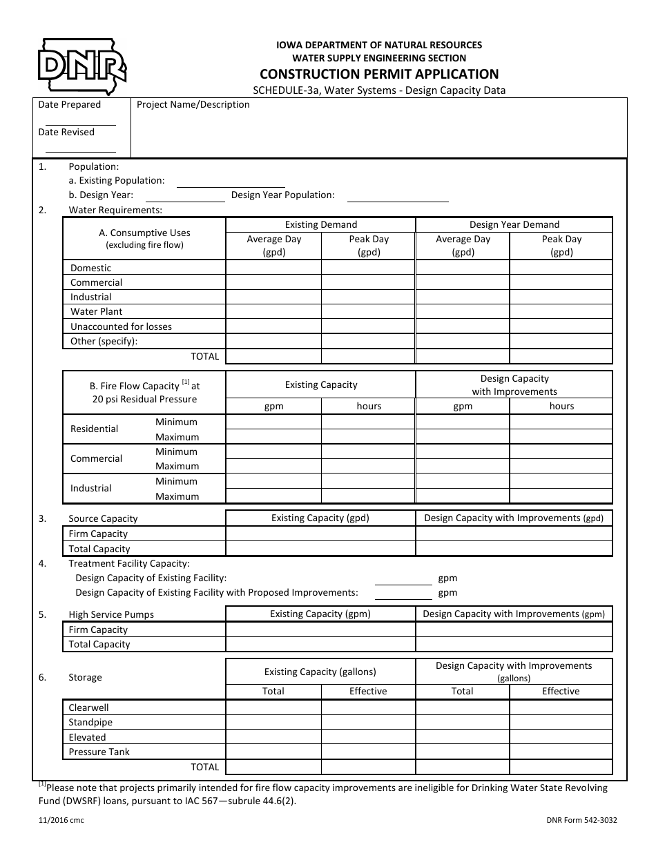 DNR Form 542-3032 Schedule 3A Construction Permit Application - Water Systems - Design Capacity Data - Iowa, Page 1