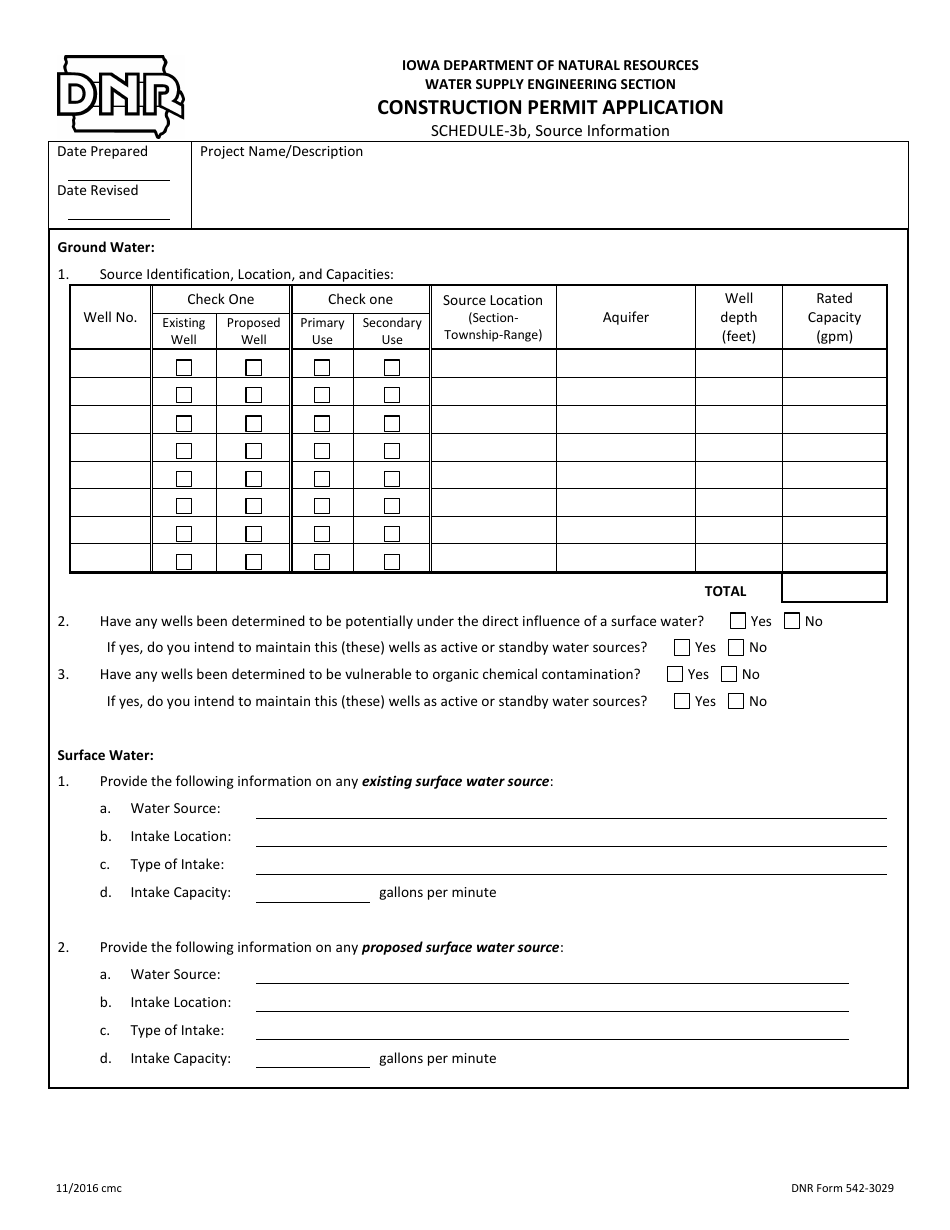 DNR Form 542-3029 Schedule 3B Construction Permit Application - Source Information - Iowa, Page 1
