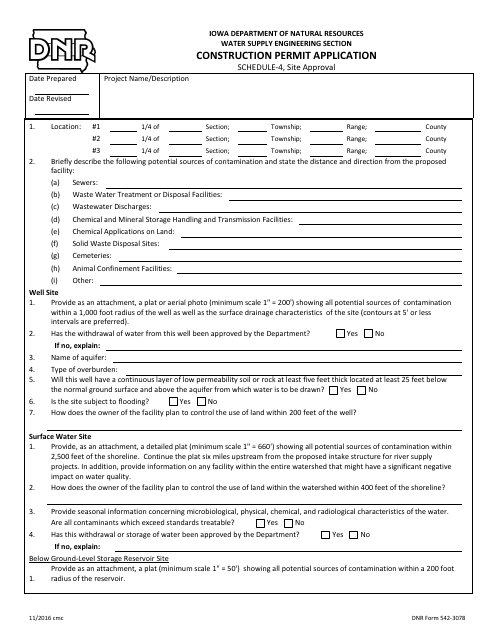 DNR Form 542-3078 Schedule 4 Construction Permit Application - Site Approval - Iowa