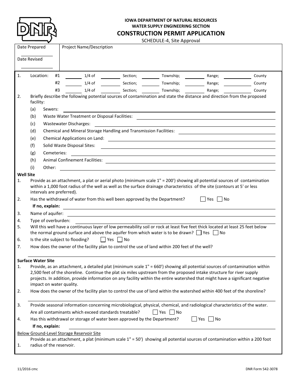 DNR Form 542-3078 Schedule 4 Construction Permit Application - Site Approval - Iowa, Page 1