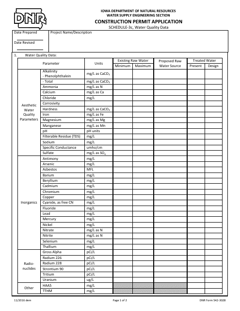 DNR Form 542-3028 Schedule 3C Construction Permit Application - Water Quality Data - Iowa