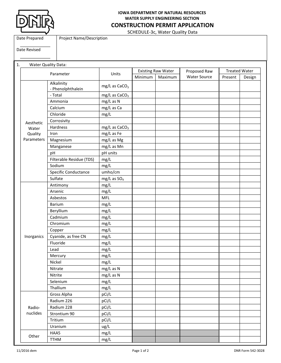 DNR Form 542-3028 Schedule 3C Construction Permit Application - Water Quality Data - Iowa, Page 1