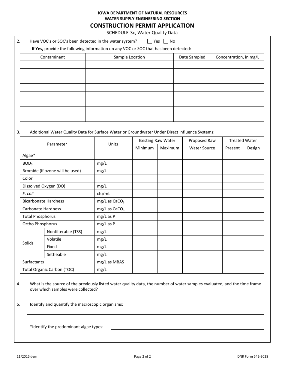 DNR Form 542-3028 Schedule 3C Construction Permit Application - Water Quality Data - Iowa, Page 2