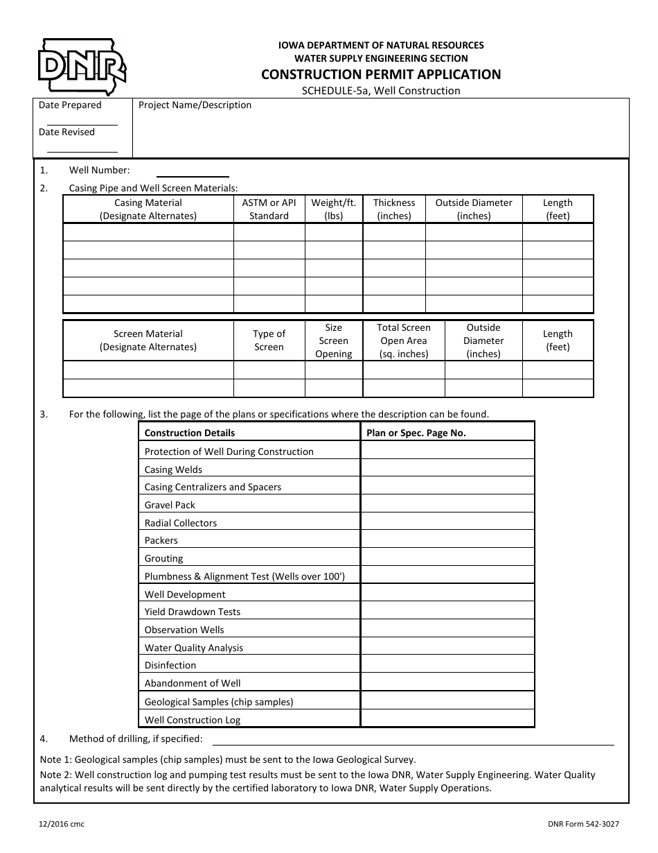DNR Form 542-3027 Schedule 5A Construction Permit Application - Well Construction - Iowa, Page 1