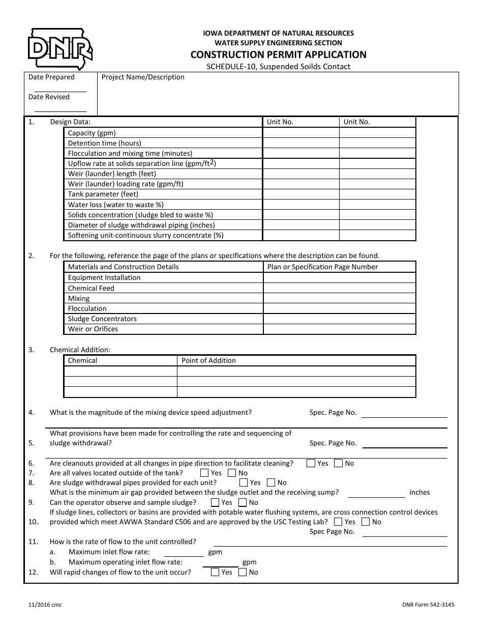 DNR Form 542-3145 Schedule 10 Construction Permit Application - Suspended Solids Contact - Iowa, Page 1