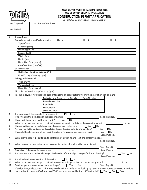 DNR Form 542-3144 Schedule 9 Construction Permit Application - Clarification - Sedimentation - Iowa