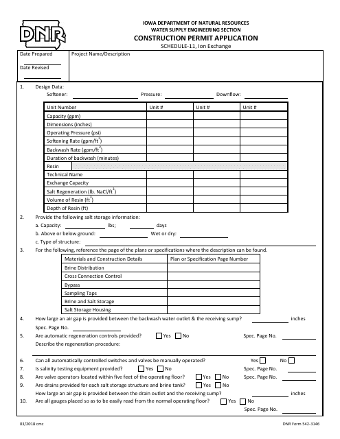 DNR Form 542-3146 Schedule 11 Construction Permit Application - Ion Exchange - Iowa