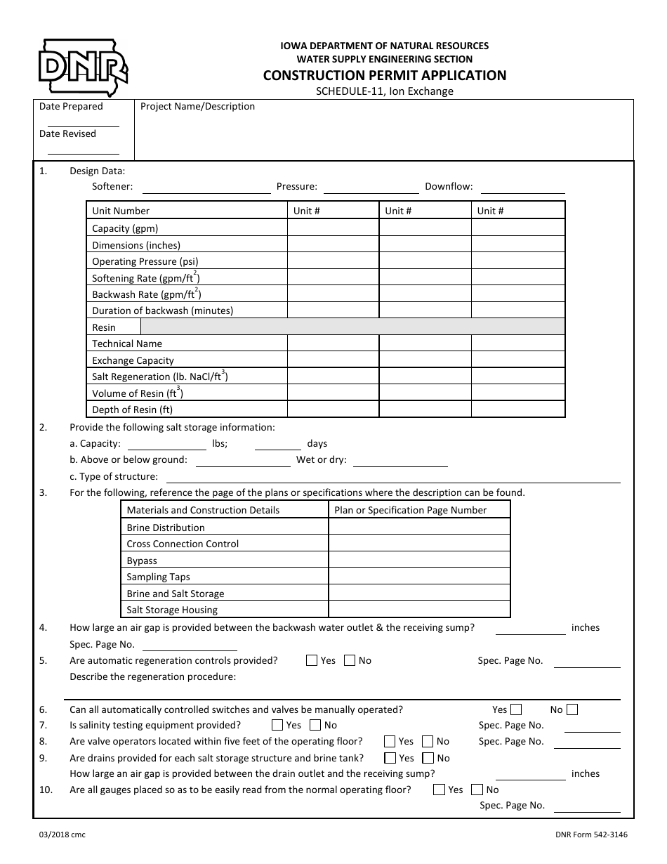 DNR Form 542-3146 Schedule 11 Construction Permit Application - Ion Exchange - Iowa, Page 1