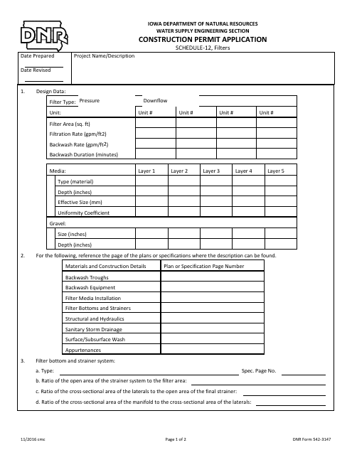 DNR Form 542-3147 Schedule 12 Construction Permit Application - Filters - Iowa