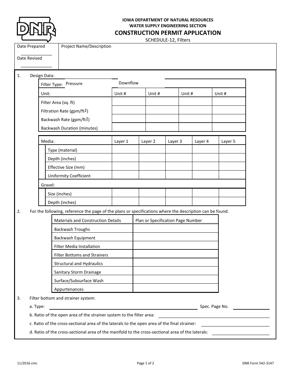 DNR Form 542-3147 Schedule 12 Construction Permit Application - Filters - Iowa, Page 1